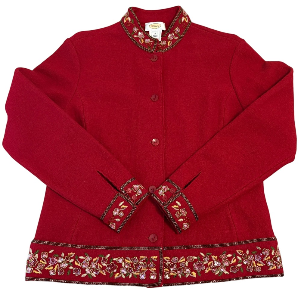 Talbots Vintage M 100% Wool Jacket Red Floral Embroidered Beaded Festive Grandma